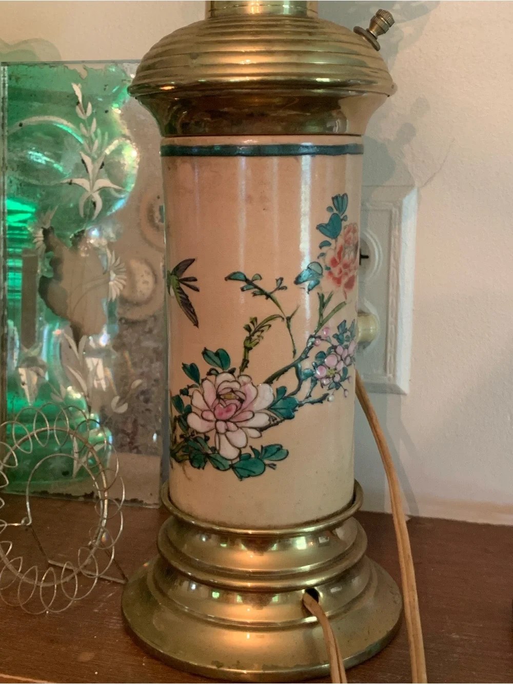 Antique Oil Lamp Converted Japanese Satsuma Meiji Hand Painted Birds Floral